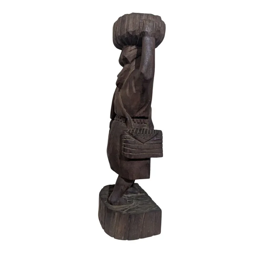 Vintage 1960s Hand Carved‎ Gum Wood Statue Market Woman Basket Head Folk Art